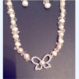 Sterling silver Butterfly Pendant pearl necklace set